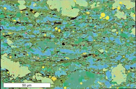 Scanning electron microscopy image of a petroleum source rock (calcareous black shale) from ~4000 m depth. Oil is generated from the primary organic material (black inclusions) within the sediment at burial temperatures of 80 - 120 °C.